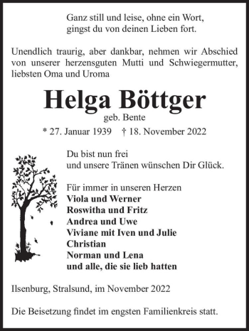 Traueranzeige von Helga Böttger (geb. Bente)  von Magdeburger Volksstimme
