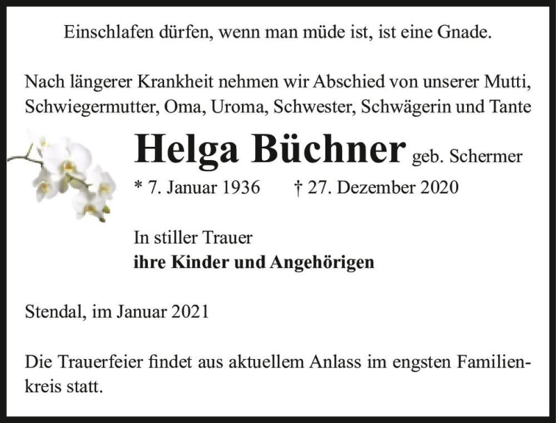  Traueranzeige für Helga Büchner (geb. Schermer)  vom 02.01.2021 aus Magdeburger Volksstimme