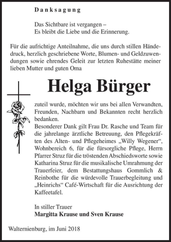 Traueranzeige von Helga Bürger  von Magdeburger Volksstimme