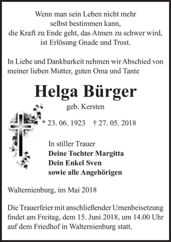 Traueranzeige von Helga Bürger (geb. Kersten)  von Magdeburger Volksstimme