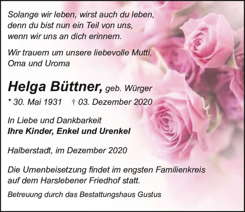  Traueranzeige für Helga Büttner (geb. Würger)  vom 12.12.2020 aus Magdeburger Volksstimme