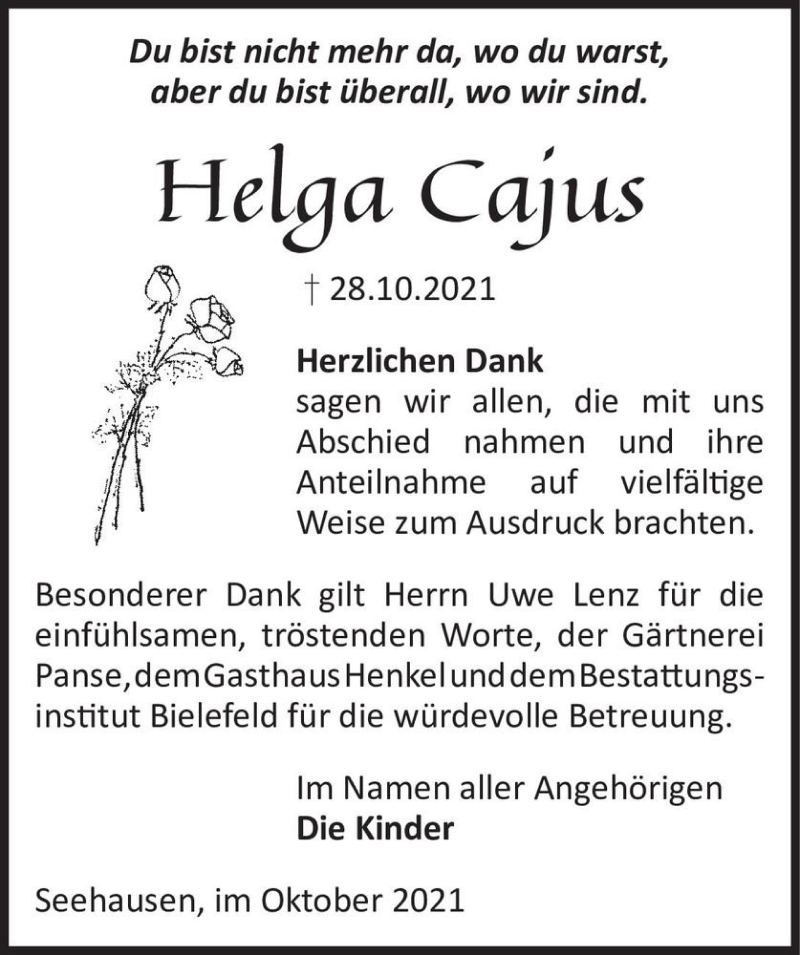 Traueranzeige für Helga Cajus  vom 20.11.2021 aus Magdeburger Volksstimme