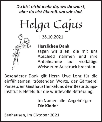 Traueranzeige von Helga Cajus  von Magdeburger Volksstimme