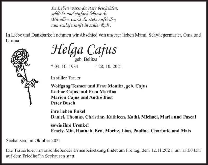  Traueranzeige für Helga Cajus (geb. Belitza)  vom 06.11.2021 aus Magdeburger Volksstimme