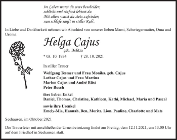 Traueranzeige von Helga Cajus (geb. Belitza)  von Magdeburger Volksstimme