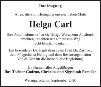 Traueranzeige von Helga Carl  von Magdeburger Volksstimme