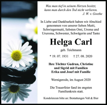Traueranzeige von Helga Carl (geb. Teichmann)  von Magdeburger Volksstimme