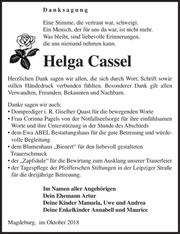 Traueranzeige von Helga Cassel  von Magdeburger Volksstimme