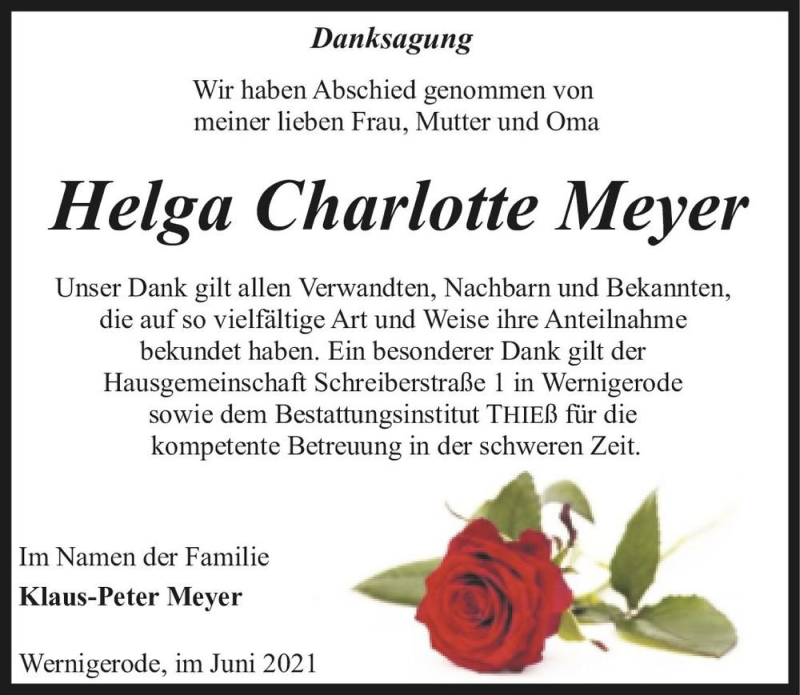  Traueranzeige für Helga Charlotte Meyer  vom 09.06.2021 aus Magdeburger Volksstimme