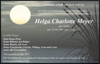 Traueranzeige von Helga Charlotte Meyer (geb. Krebs)  von Magdeburger Volksstimme