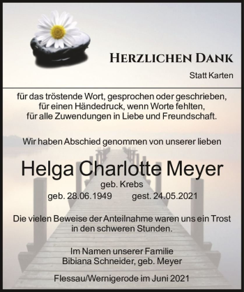 Traueranzeige von Helga Charlotte Meyer (geb. Krebs)  von Magdeburger Volksstimme