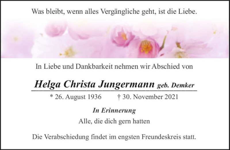  Traueranzeige für Helga Christa Jungermann (geb. Demker)  vom 08.01.2022 aus Magdeburger Volksstimme