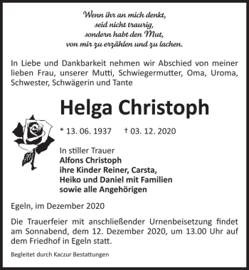 Traueranzeige von Helga Christoph  von Magdeburger Volksstimme