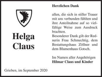 Traueranzeige von Helga Claus  von Magdeburger Volksstimme