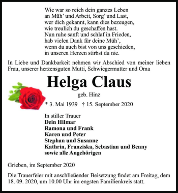 Traueranzeige von Helga Claus (geb. Hinz)  von Magdeburger Volksstimme