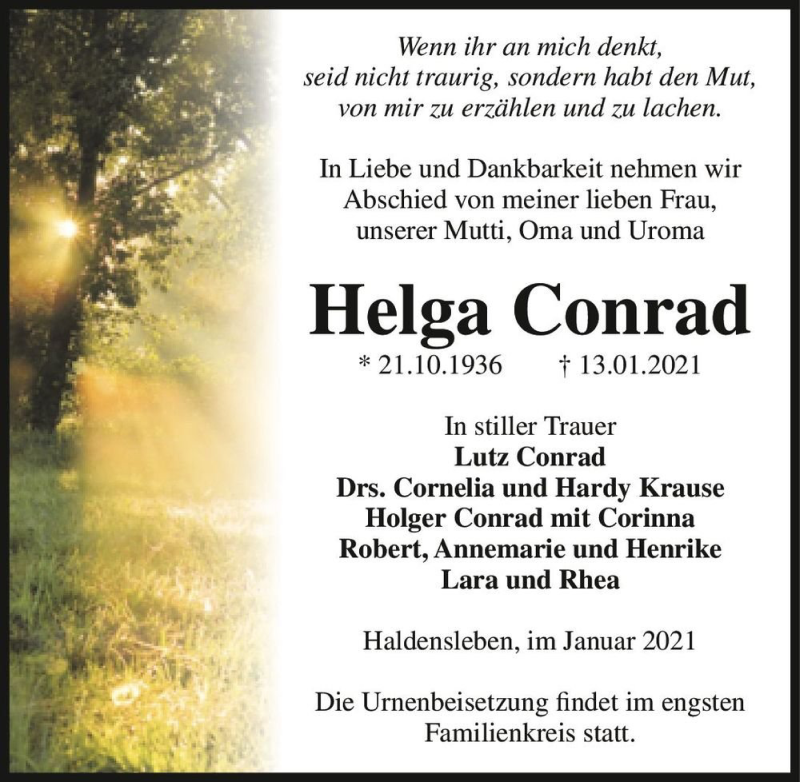  Traueranzeige für Helga Conrad  vom 23.01.2021 aus Magdeburger Volksstimme