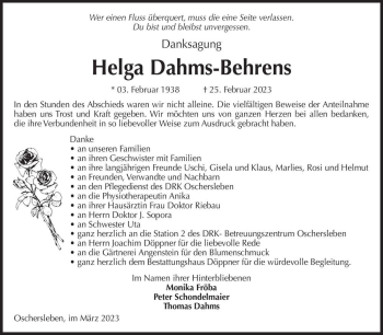 Traueranzeige von Helga Dahms-Behrens  von Magdeburger Volksstimme