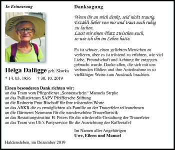 Traueranzeige von Helga Dalügge (geb. Skorka)  von Magdeburger Volksstimme