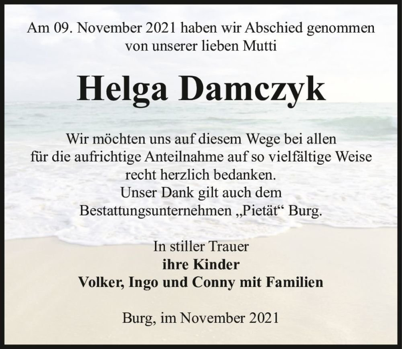  Traueranzeige für Helga Damczyk  vom 13.11.2021 aus Magdeburger Volksstimme