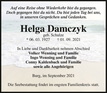 Traueranzeige von Helga Damczyk (geb. Schulze)  von Magdeburger Volksstimme