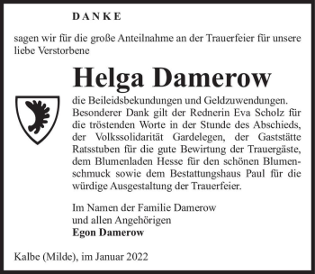 Traueranzeige von Helga Damerow  von Magdeburger Volksstimme