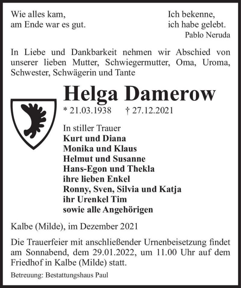  Traueranzeige für Helga Damerow  vom 31.12.2021 aus Magdeburger Volksstimme