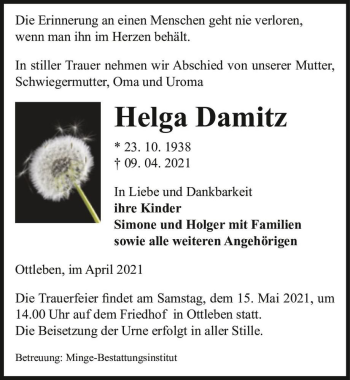 Traueranzeige von Helga Damitz  von Magdeburger Volksstimme