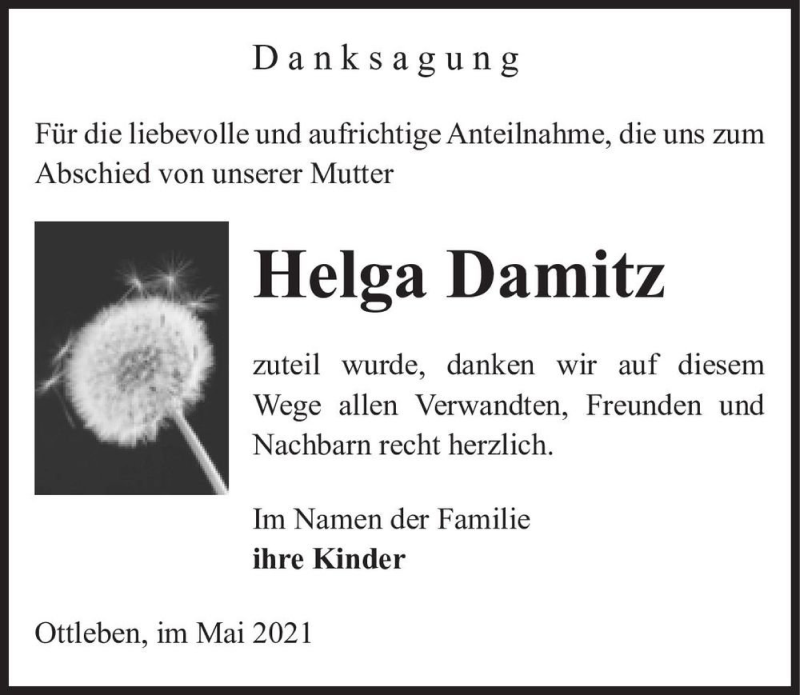  Traueranzeige für Helga Damitz  vom 22.05.2021 aus Magdeburger Volksstimme