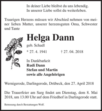 Traueranzeige von Helga Dann (geb. Schadl)  von Magdeburger Volksstimme