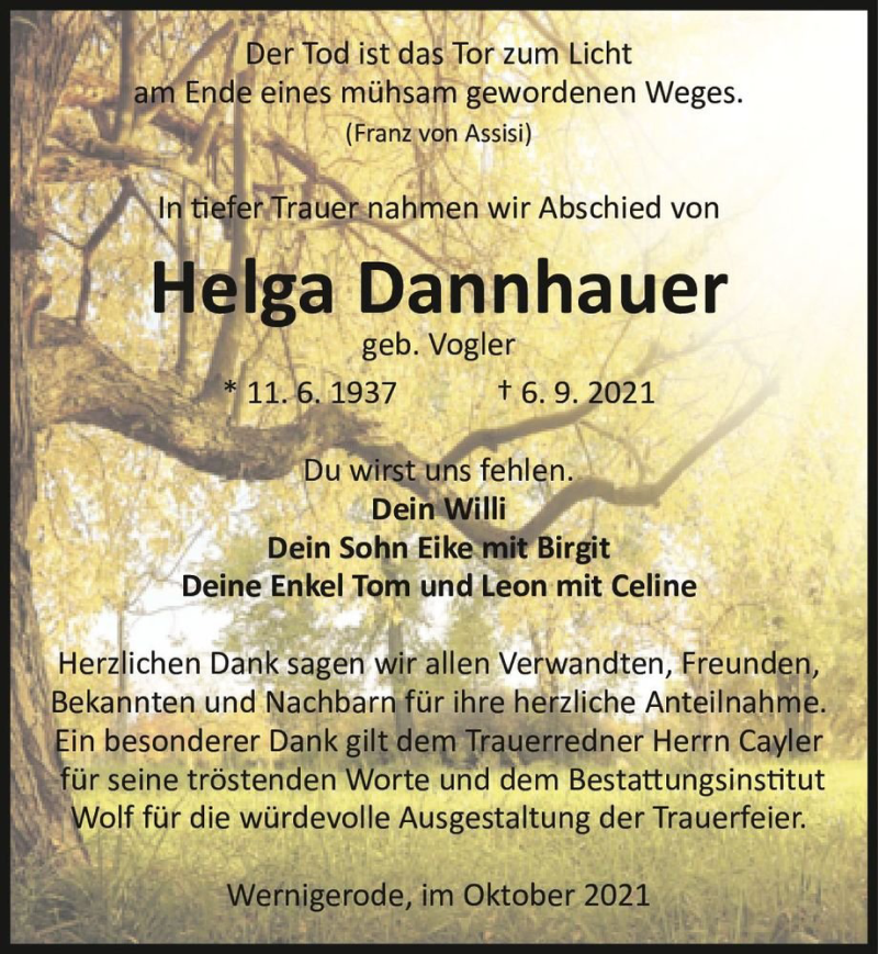  Traueranzeige für Helga Dannhauer (geb. Vogler)  vom 09.10.2021 aus Magdeburger Volksstimme