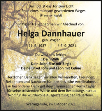 Traueranzeige von Helga Dannhauer (geb. Vogler)  von Magdeburger Volksstimme