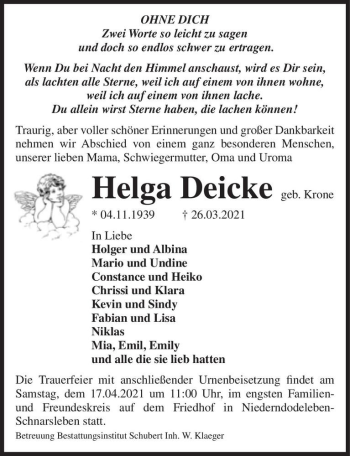 Traueranzeige von Helga Deicke (geb. Krone)  von Magdeburger Volksstimme