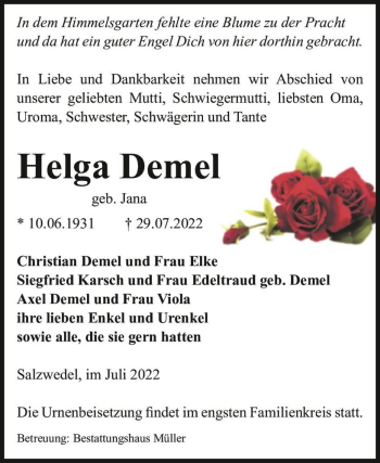 Traueranzeige von Helga Demel (geb. Jana)  von Magdeburger Volksstimme