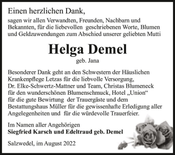 Traueranzeige von Helga Demel (geb. Jana)  von Magdeburger Volksstimme