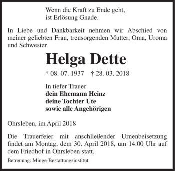 Traueranzeige von Helga Dette  von Magdeburger Volksstimme