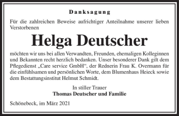 Traueranzeige von Helga Deutscher  von Magdeburger Volksstimme