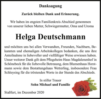 Traueranzeige von Helga Deutschmann  von Magdeburger Volksstimme