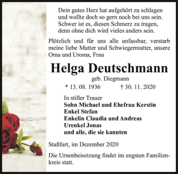 Traueranzeige von Helga Deutschmann (geb. Diegmann)  von Magdeburger Volksstimme
