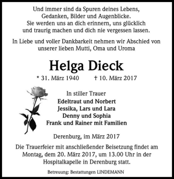 Traueranzeige von Helga Dieck  von Magdeburger Volksstimme