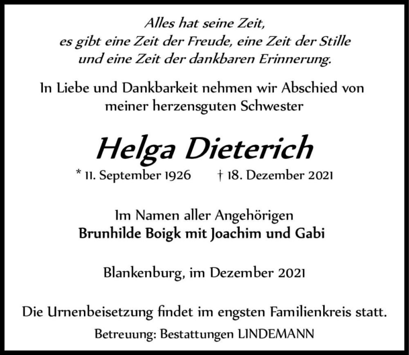  Traueranzeige für Helga Dieterich  vom 24.12.2021 aus Magdeburger Volksstimme