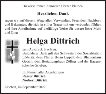 Traueranzeige von Helga Dittrich  von Magdeburger Volksstimme