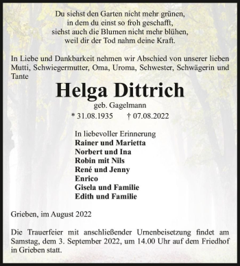 Traueranzeige von Helga Dittrich (geb. Gagelmann)  von Magdeburger Volksstimme