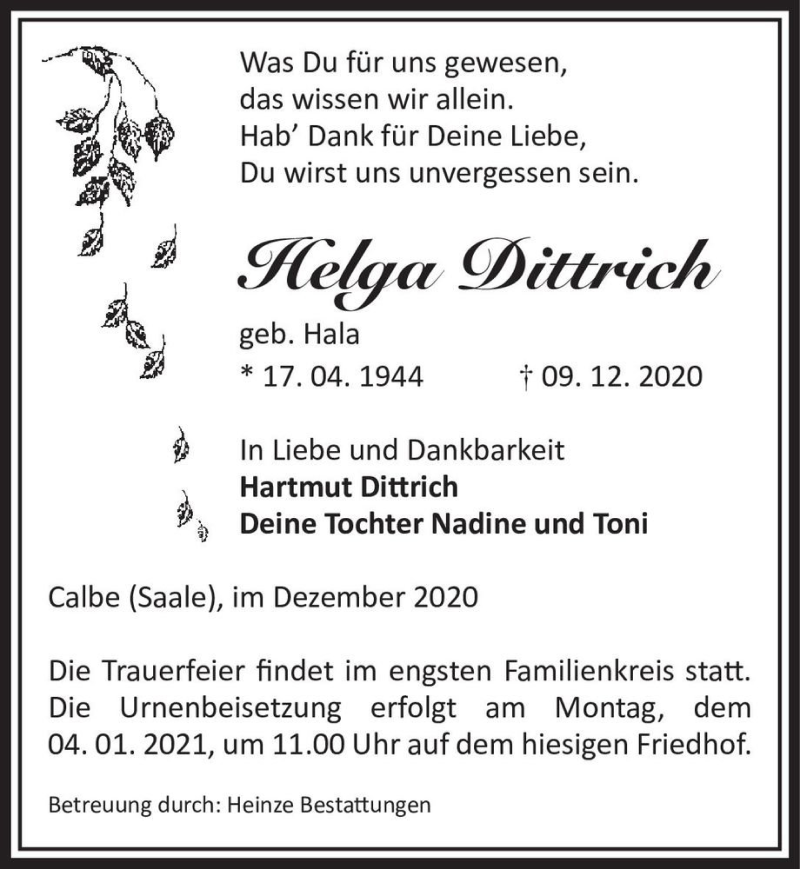  Traueranzeige für Helga Dittrich (geb. Hala)  vom 12.12.2020 aus Magdeburger Volksstimme