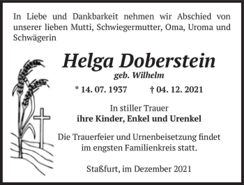 Traueranzeige von Helga Doberstein (geb. Wilhelm)  von Magdeburger Volksstimme