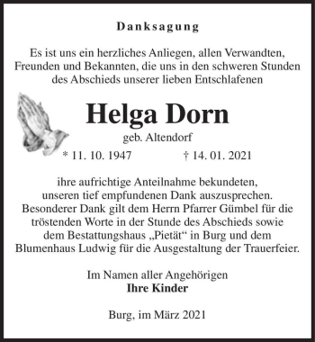Traueranzeige von Helga Dorn (geb. Altendorf)  von Magdeburger Volksstimme