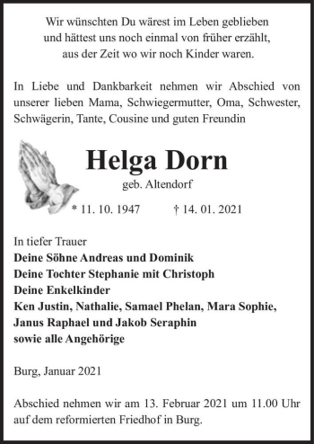 Traueranzeige von Helga Dorn (geb. Altendorf)  von Magdeburger Volksstimme