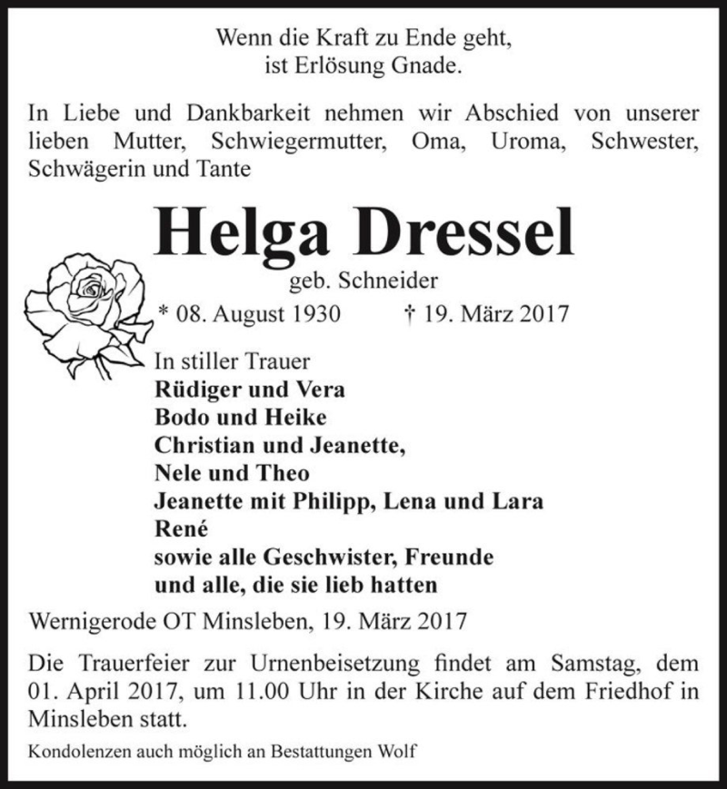  Traueranzeige für Helga Dressel (geb. Schneider)  vom 25.03.2017 aus Magdeburger Volksstimme