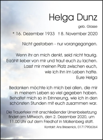 Traueranzeige von Helga Dunz (geb. Glasse)  von Magdeburger Volksstimme