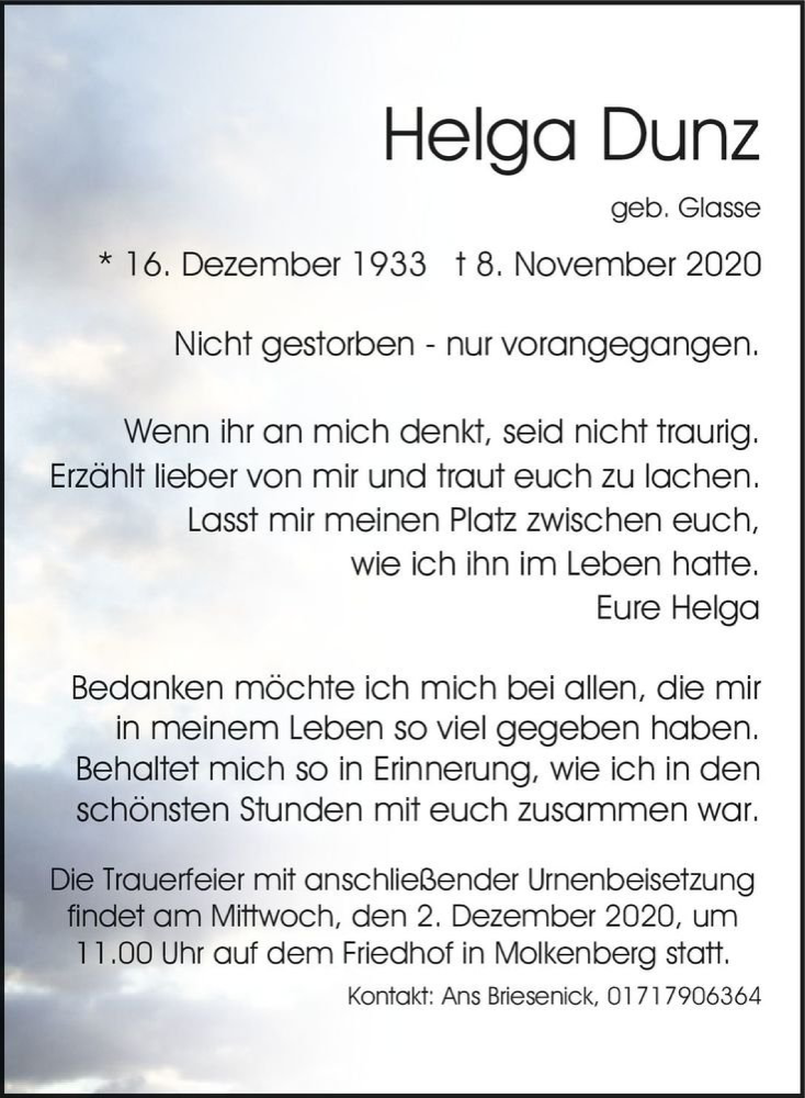  Traueranzeige für Helga Dunz (geb. Glasse)  vom 11.11.2020 aus Magdeburger Volksstimme