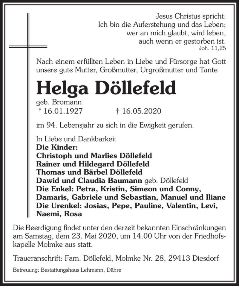  Traueranzeige für Helga Döllefeld (geb. Bromann)  vom 19.05.2020 aus Magdeburger Volksstimme